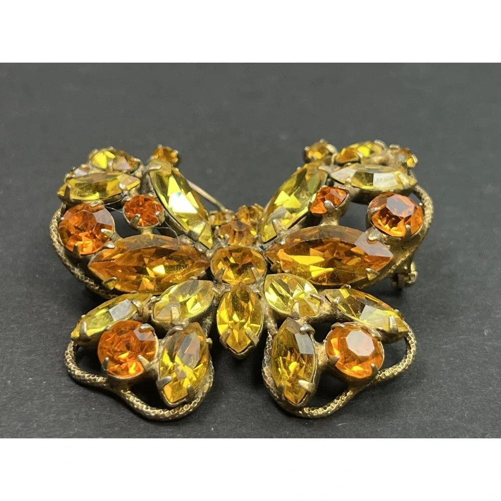 Vintage REGENCY Butterfly Brooch Orange & Yellow Rhinestones Gold Tone Signed